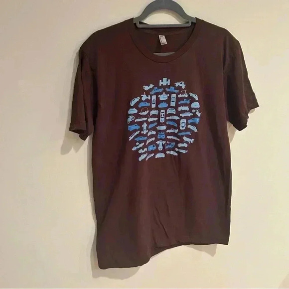 American Apparel Men’s Brown Blue Graphic Automobile Crewneck T-Shirt Size Large - Picture 2 of 8